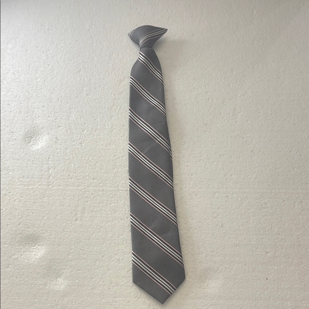 Y2K Dupont Teflon Gray white pink Stripe boys clip on Tie ready to wear no tying